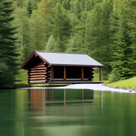 survival cabin by a lake