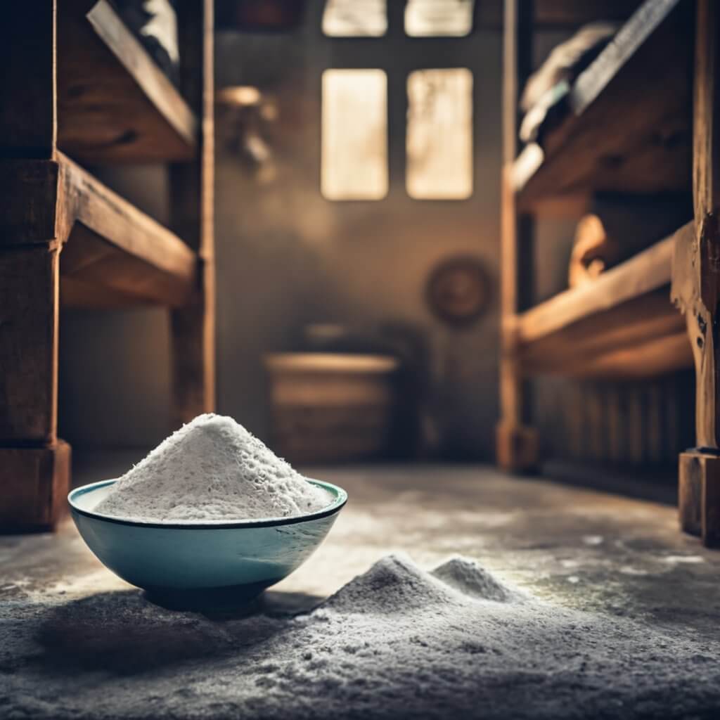 bowl of baking soda on the floor of a musty basement